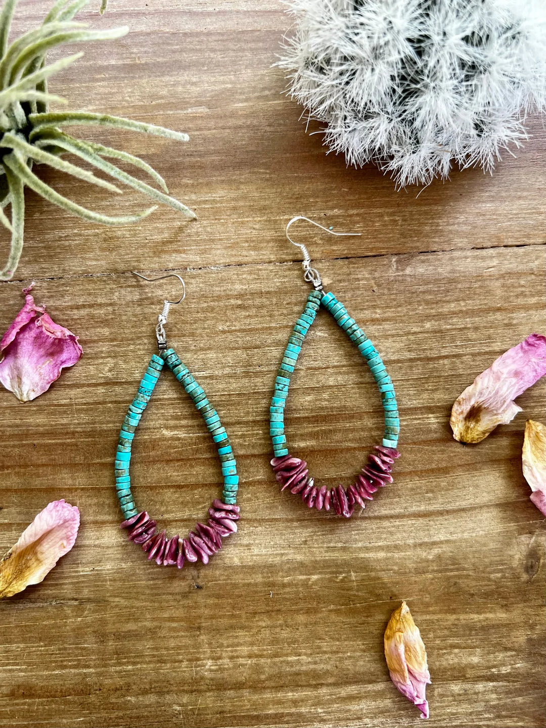 Turquoise Teardrop Earrings with Purple Spiny